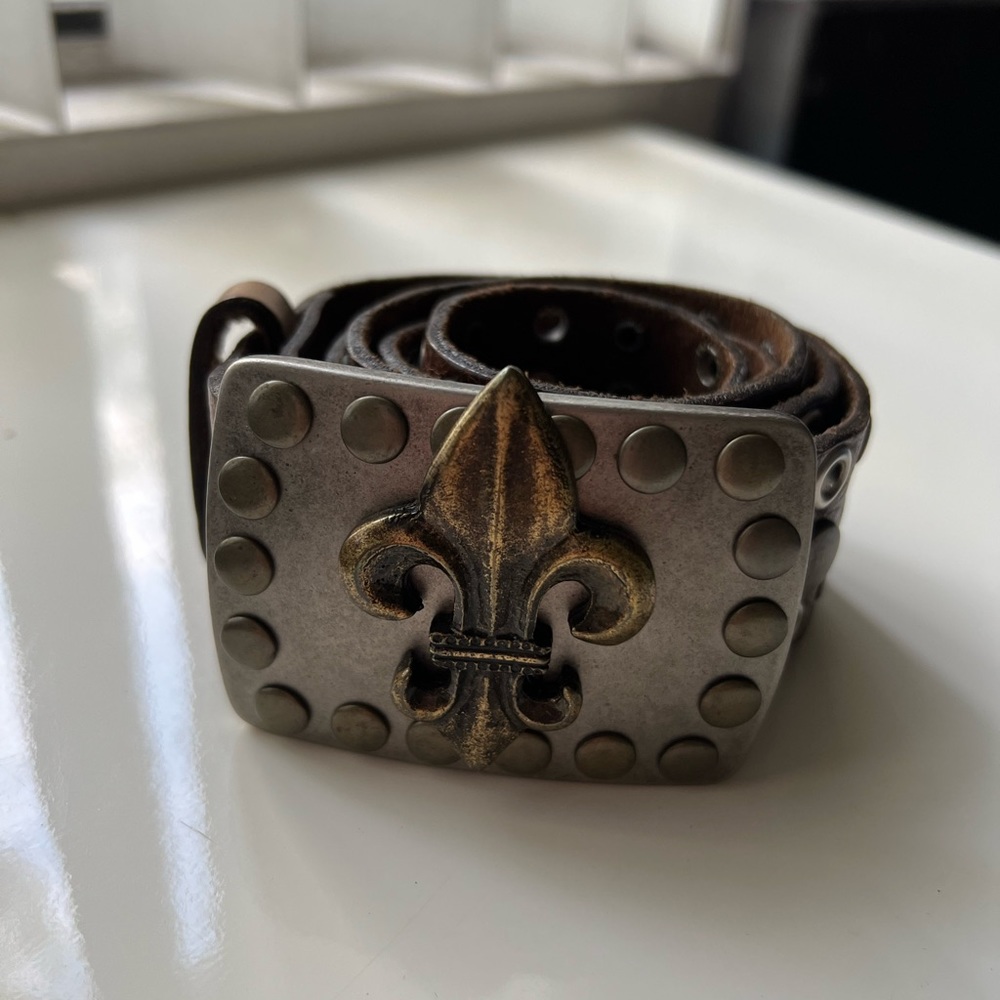 Vintage Brown studded belt with Fleur de lis buckle